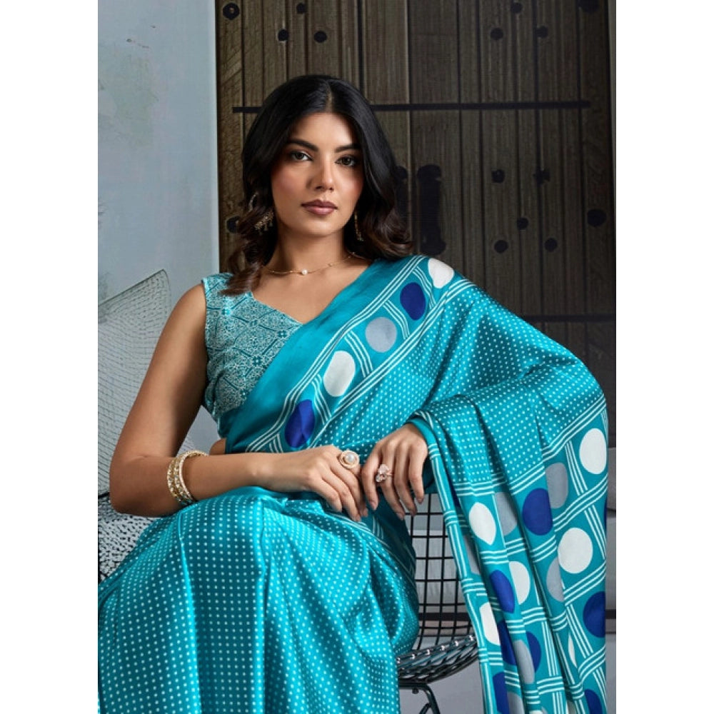 Generic Women's Satin Crepe Printed Saree With Unstitched Blouse 5.5Mtr (Sky Blue) - VANSHELLE