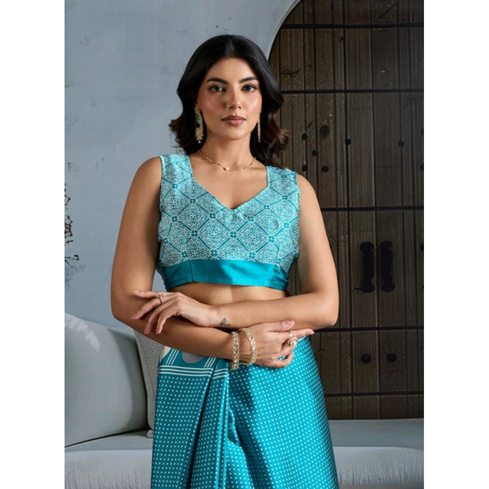 Generic Women's Satin Crepe Printed Saree With Unstitched Blouse 5.5Mtr (Sky Blue) - VANSHELLE