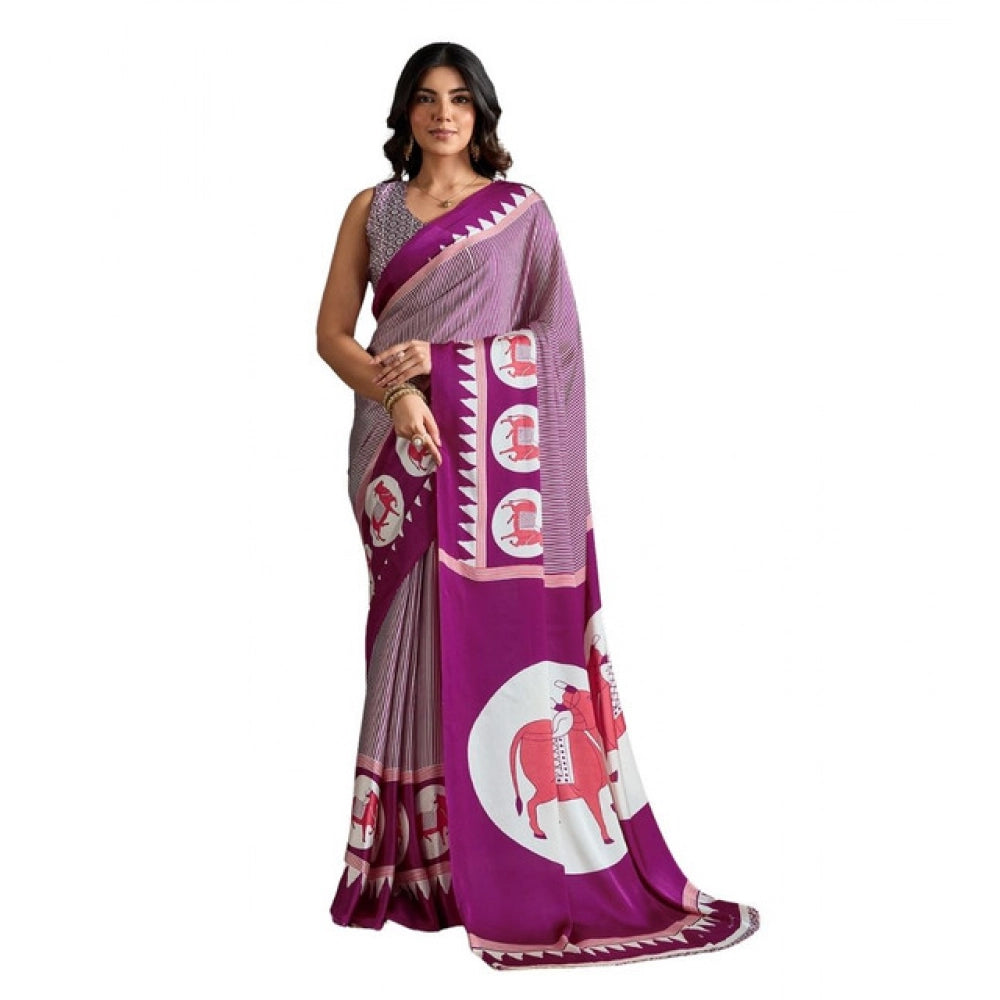 Generic Women's Satin Crepe Printed Saree With Unstitched Blouse 5.5Mtr (Purple) - VANSHELLE