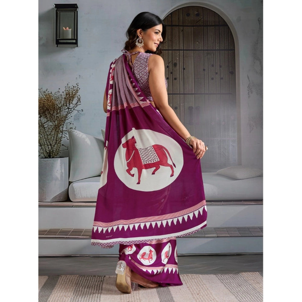 Generic Women's Satin Crepe Printed Saree With Unstitched Blouse 5.5Mtr (Purple) - VANSHELLE