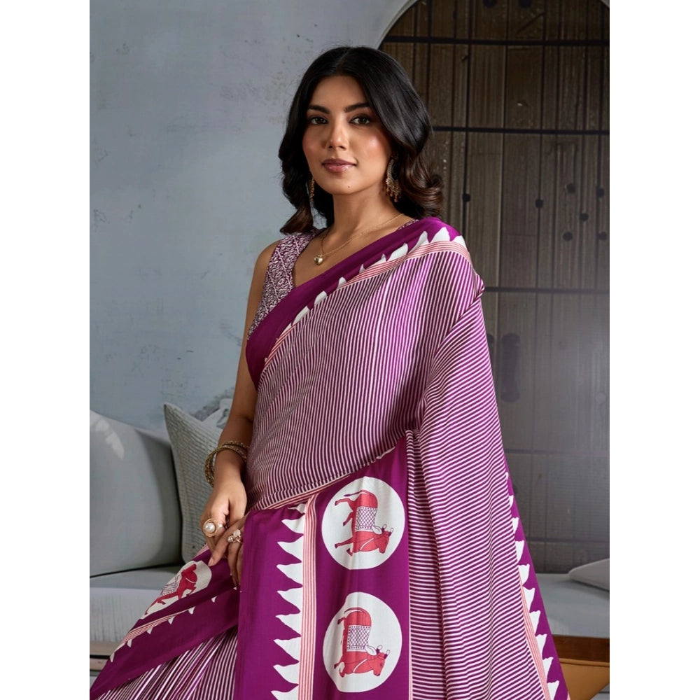 Generic Women's Satin Crepe Printed Saree With Unstitched Blouse 5.5Mtr (Purple) - VANSHELLE