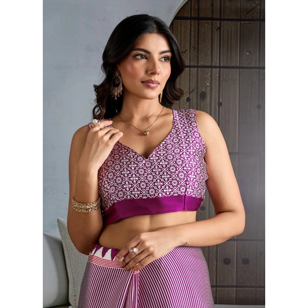 Generic Women's Satin Crepe Printed Saree With Unstitched Blouse 5.5Mtr (Purple) - VANSHELLE