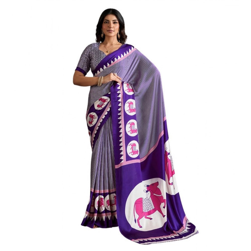 Generic Women's Satin Crepe Printed Saree With Unstitched Blouse 5.5Mtr (Blue) - VANSHELLE