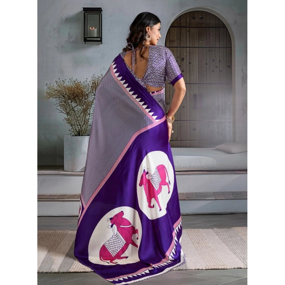 Generic Women's Satin Crepe Printed Saree With Unstitched Blouse 5.5Mtr (Blue) - VANSHELLE