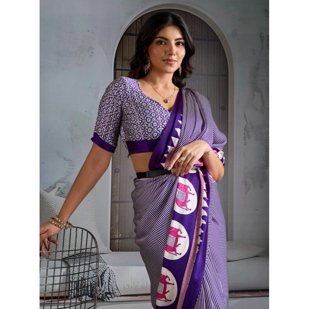 Generic Women's Satin Crepe Printed Saree With Unstitched Blouse 5.5Mtr (Blue) - VANSHELLE