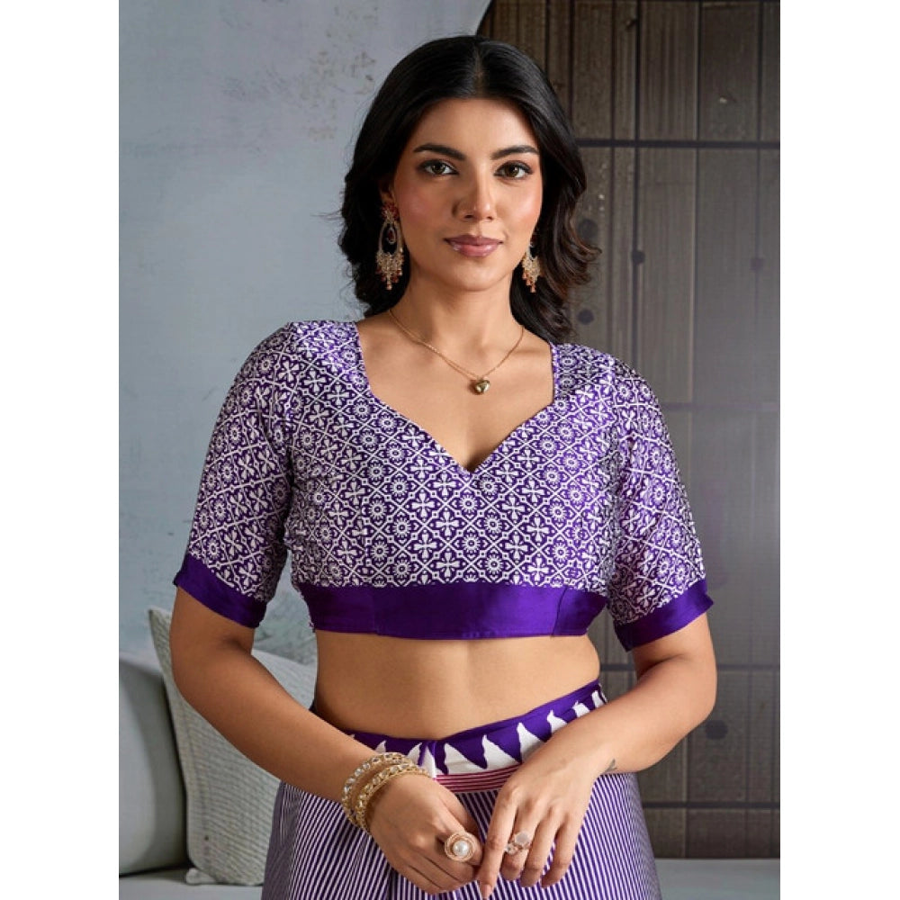 Generic Women's Satin Crepe Printed Saree With Unstitched Blouse 5.5Mtr (Blue) - VANSHELLE