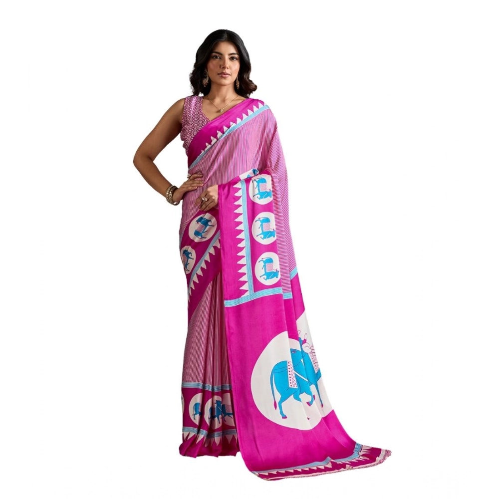 Generic Women's Satin Crepe Printed Saree With Unstitched Blouse 5.5Mtr (Pink) - VANSHELLE
