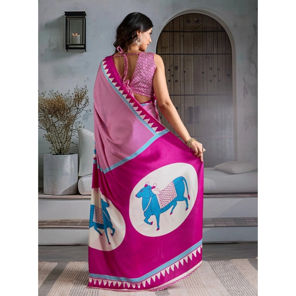 Generic Women's Satin Crepe Printed Saree With Unstitched Blouse 5.5Mtr (Pink) - VANSHELLE