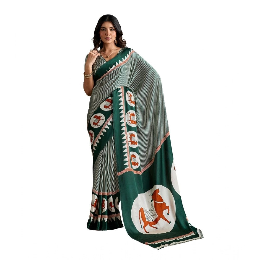 Generic Women's Satin Crepe Printed Saree With Unstitched Blouse 5.5Mtr (Green) - VANSHELLE