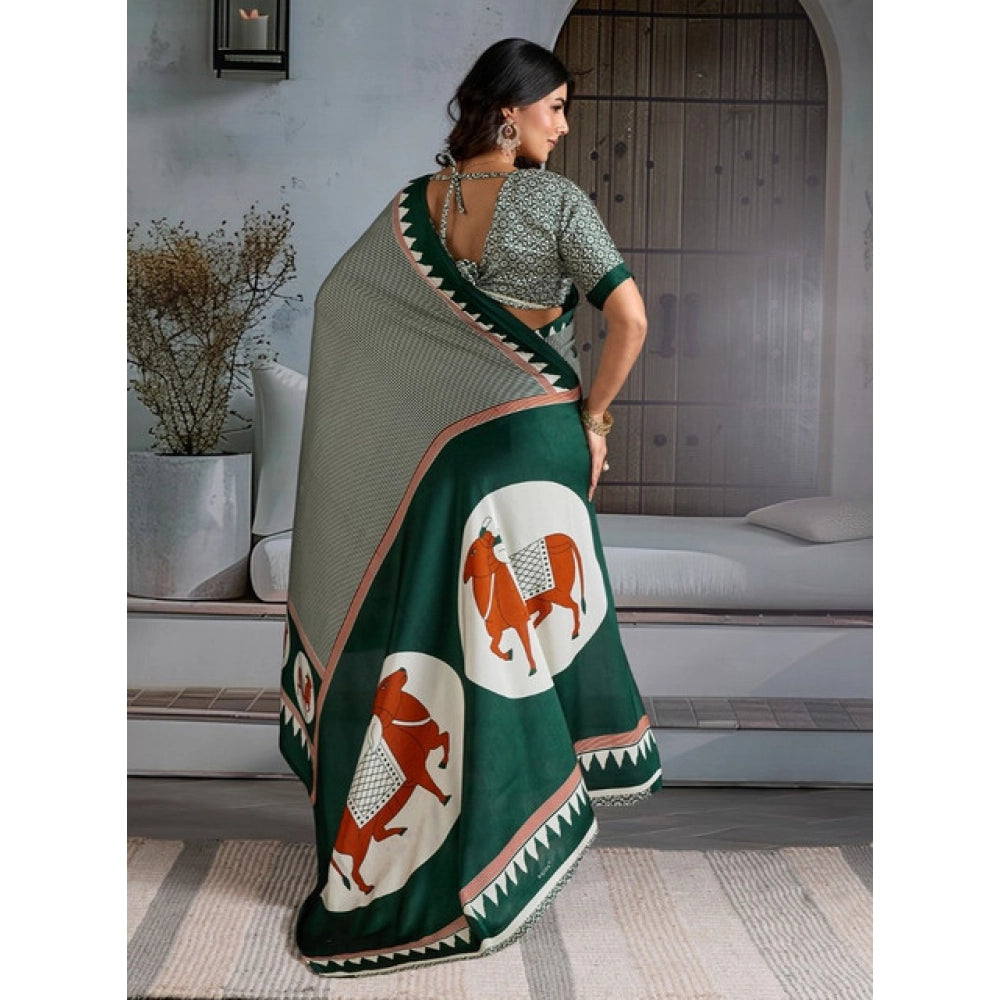 Generic Women's Satin Crepe Printed Saree With Unstitched Blouse 5.5Mtr (Green) - VANSHELLE