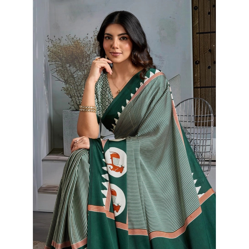 Generic Women's Satin Crepe Printed Saree With Unstitched Blouse 5.5Mtr (Green) - VANSHELLE