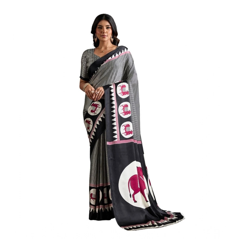 Generic Women's Satin Crepe Printed Saree With Unstitched Blouse 5.5Mtr (Black) - VANSHELLE