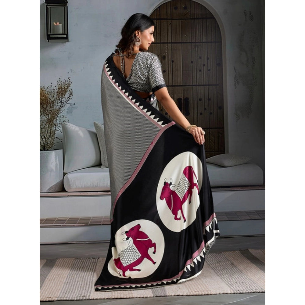 Generic Women's Satin Crepe Printed Saree With Unstitched Blouse 5.5Mtr (Black) - VANSHELLE