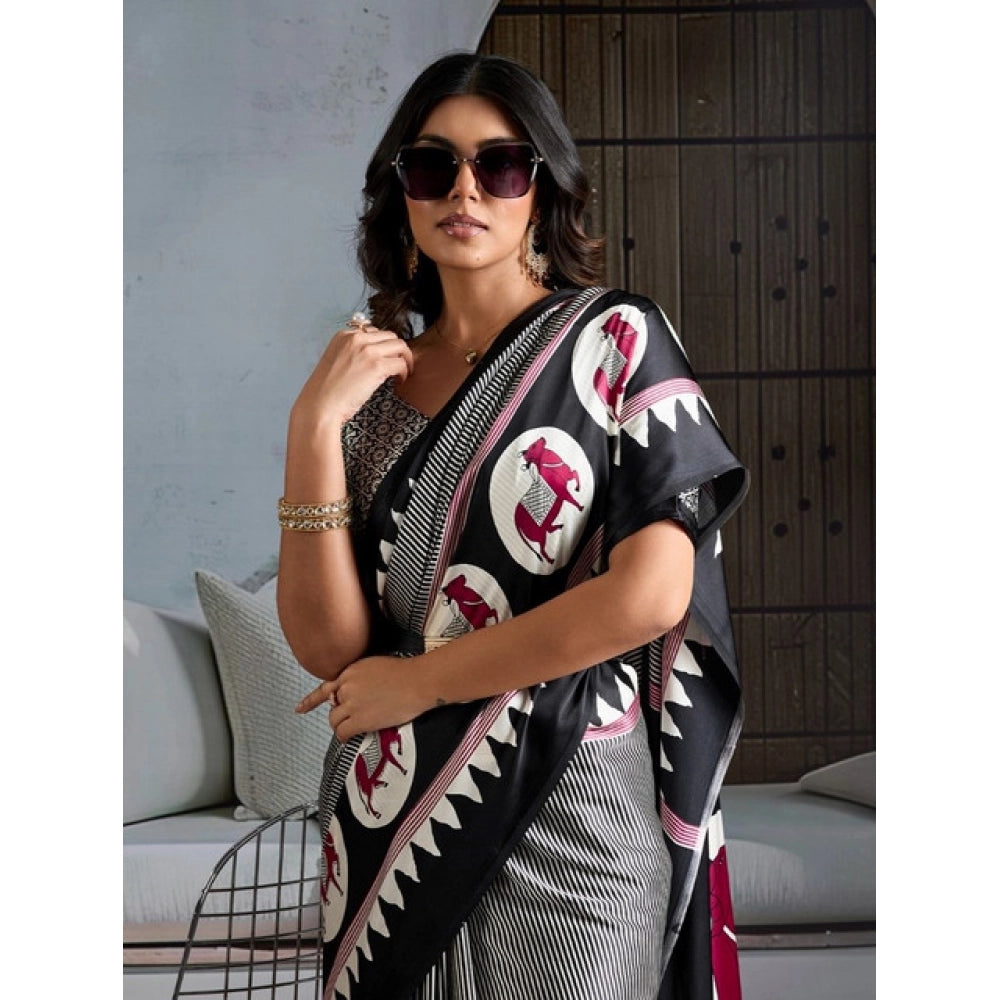 Generic Women's Satin Crepe Printed Saree With Unstitched Blouse 5.5Mtr (Black) - VANSHELLE