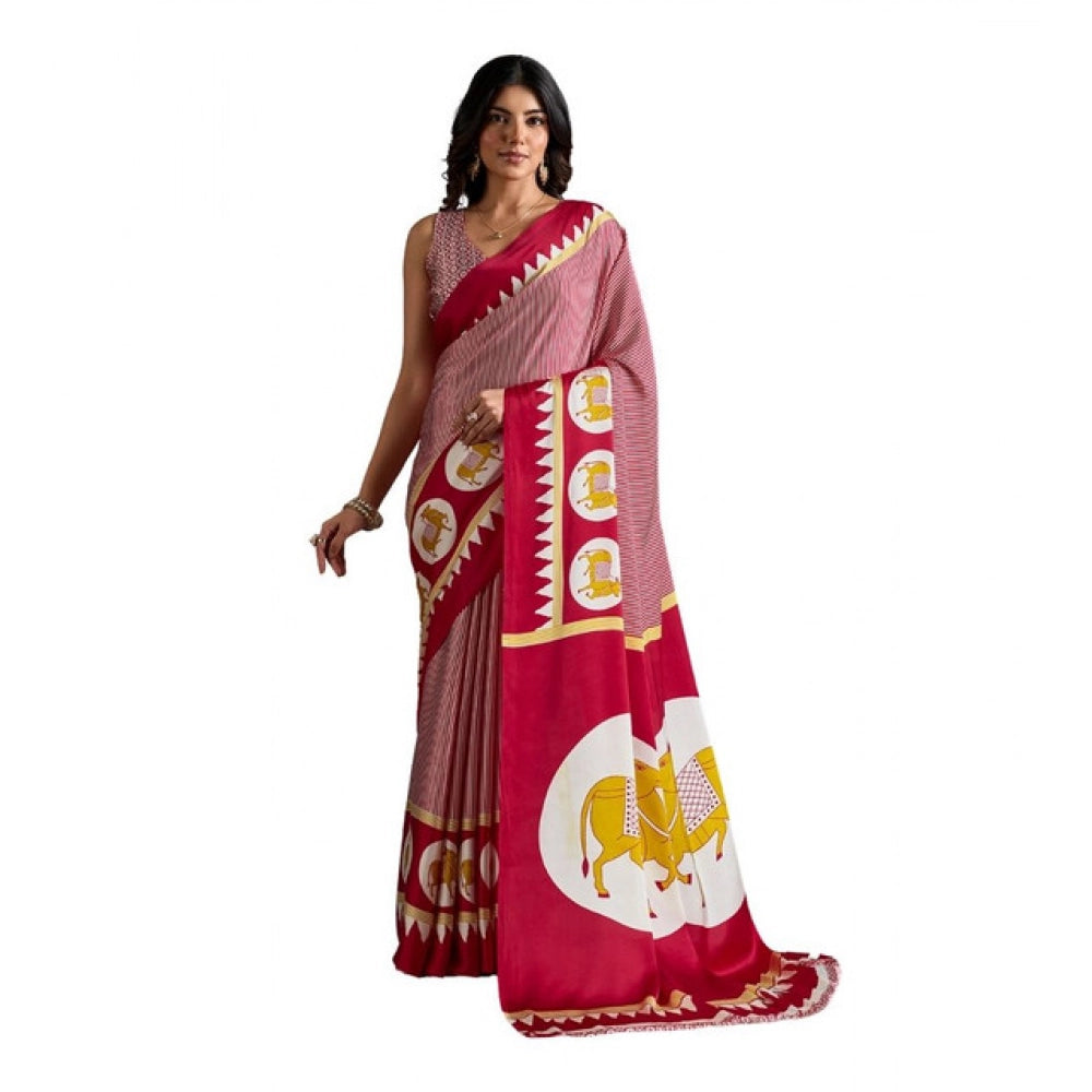 Generic Women's Satin Crepe Printed Saree With Unstitched Blouse 5.5Mtr (Red) - VANSHELLE