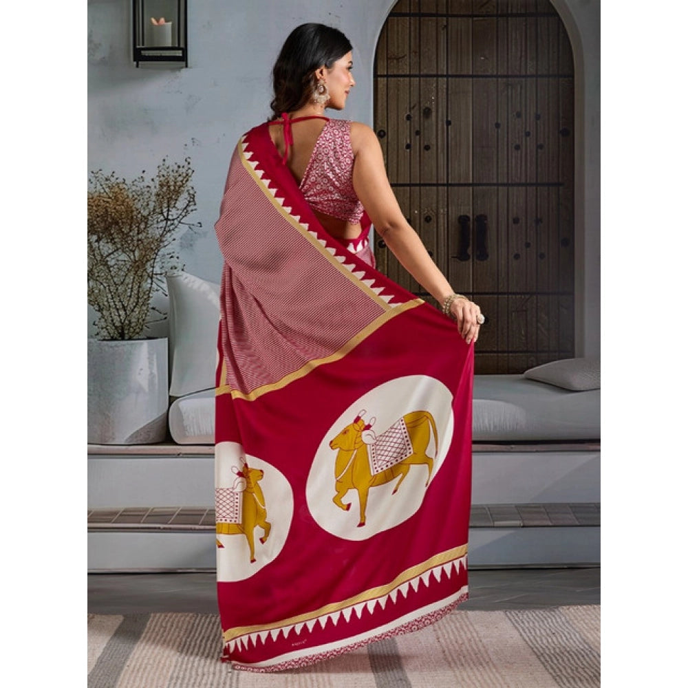 Generic Women's Satin Crepe Printed Saree With Unstitched Blouse 5.5Mtr (Red) - VANSHELLE