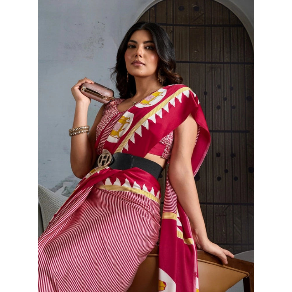 Generic Women's Satin Crepe Printed Saree With Unstitched Blouse 5.5Mtr (Red) - VANSHELLE