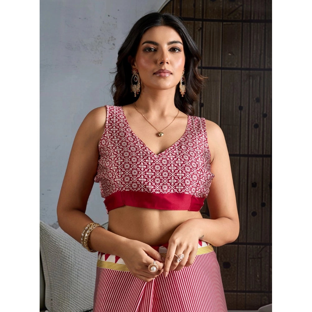 Generic Women's Satin Crepe Printed Saree With Unstitched Blouse 5.5Mtr (Red) - VANSHELLE
