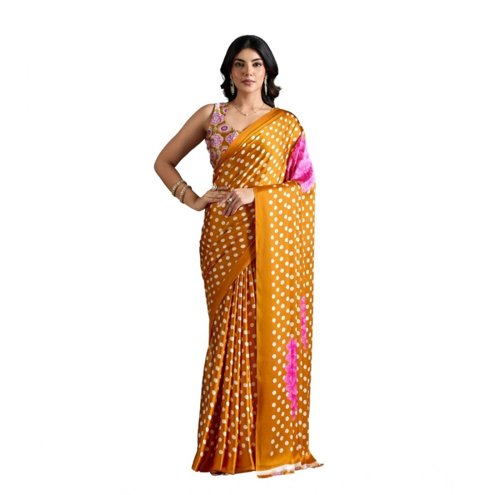 Generic Women's Satin Crepe Printed Saree With Unstitched Blouse 5.5Mtr (Mustard) - VANSHELLE