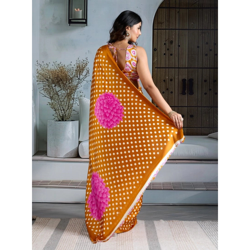 Generic Women's Satin Crepe Printed Saree With Unstitched Blouse 5.5Mtr (Mustard) - VANSHELLE