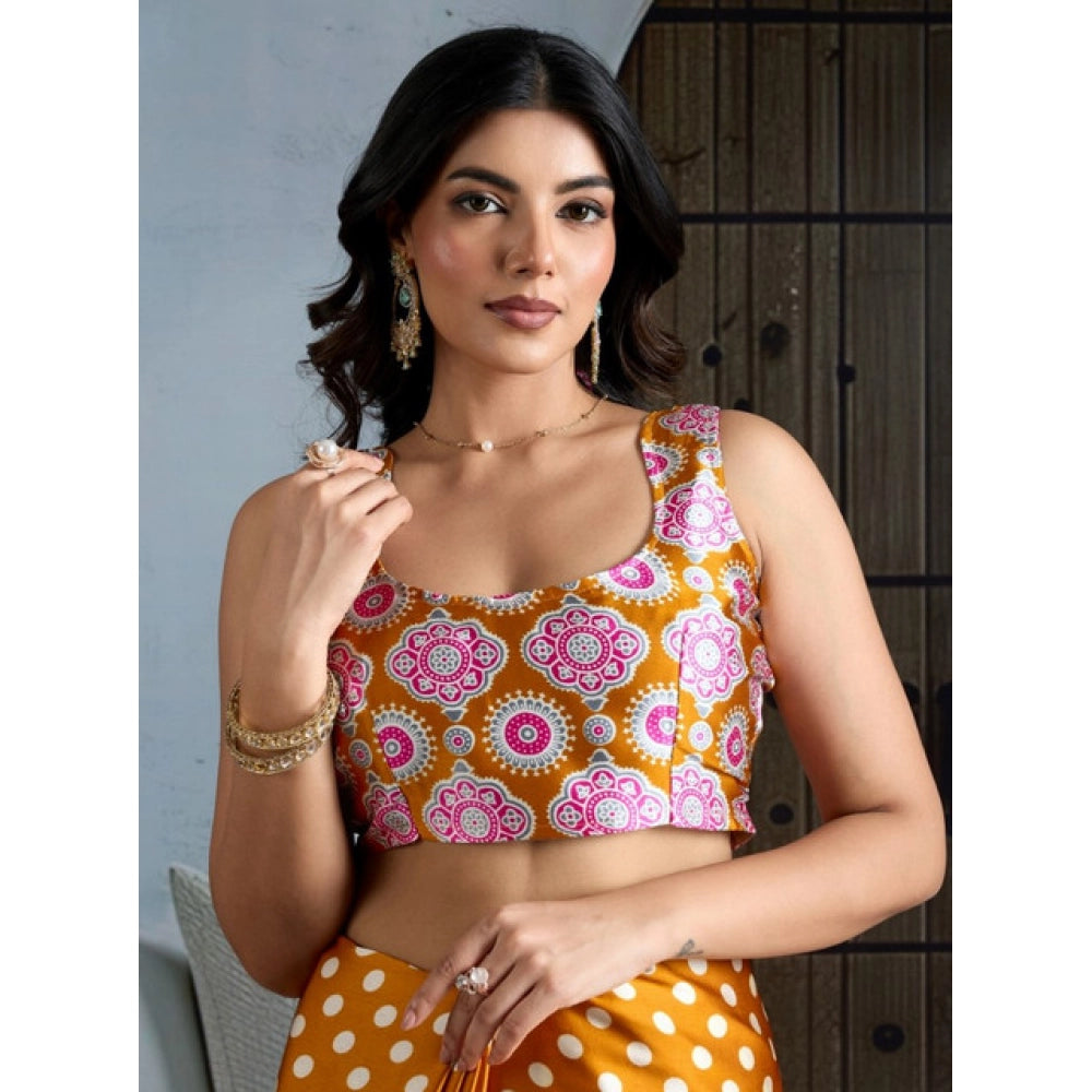 Generic Women's Satin Crepe Printed Saree With Unstitched Blouse 5.5Mtr (Mustard) - VANSHELLE