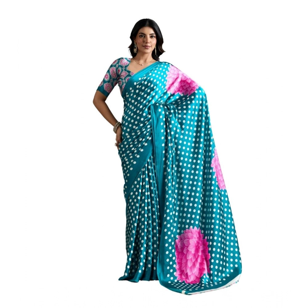 Generic Women's Satin Crepe Printed Saree With Unstitched Blouse 5.5Mtr (Sky Blue) - VANSHELLE