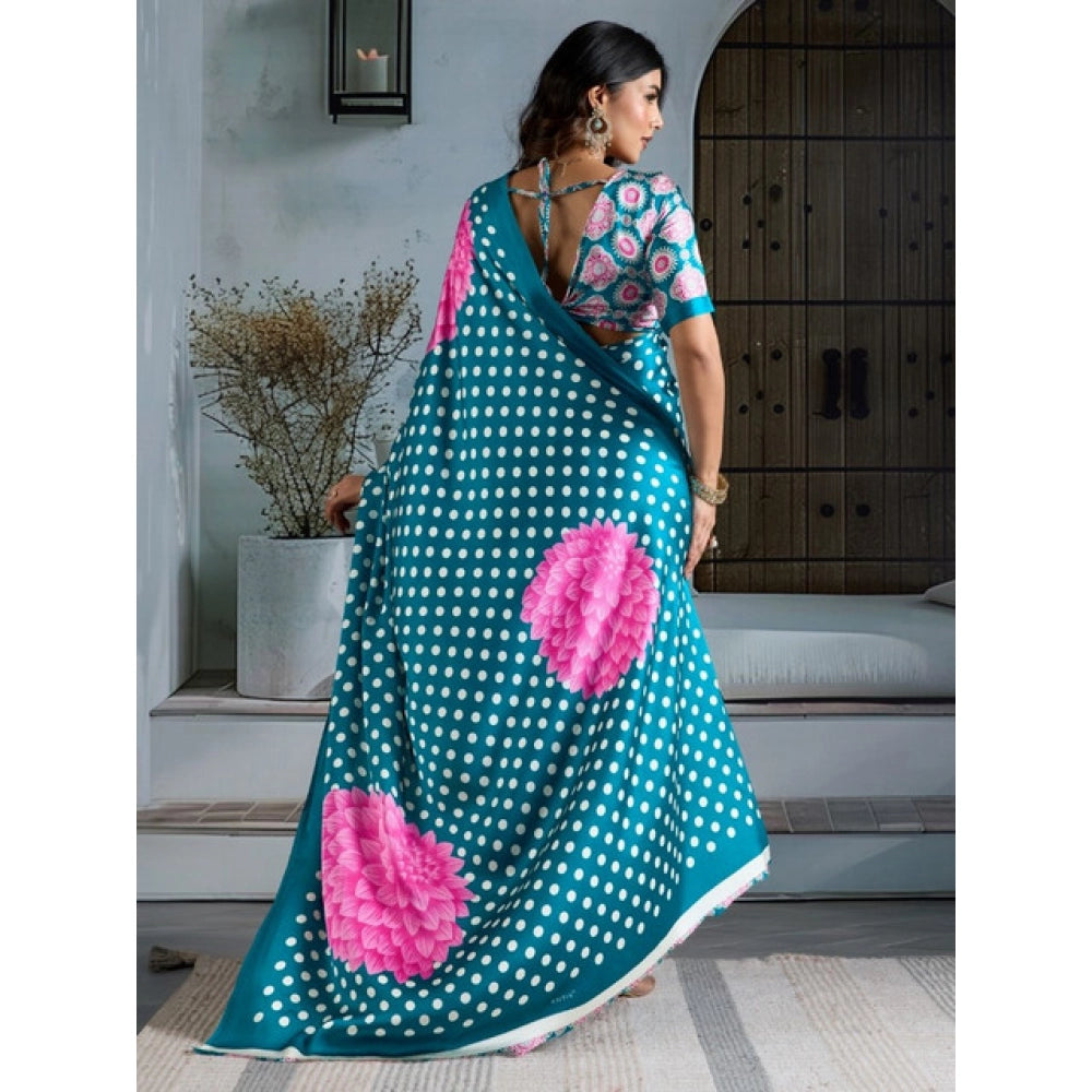 Generic Women's Satin Crepe Printed Saree With Unstitched Blouse 5.5Mtr (Sky Blue) - VANSHELLE