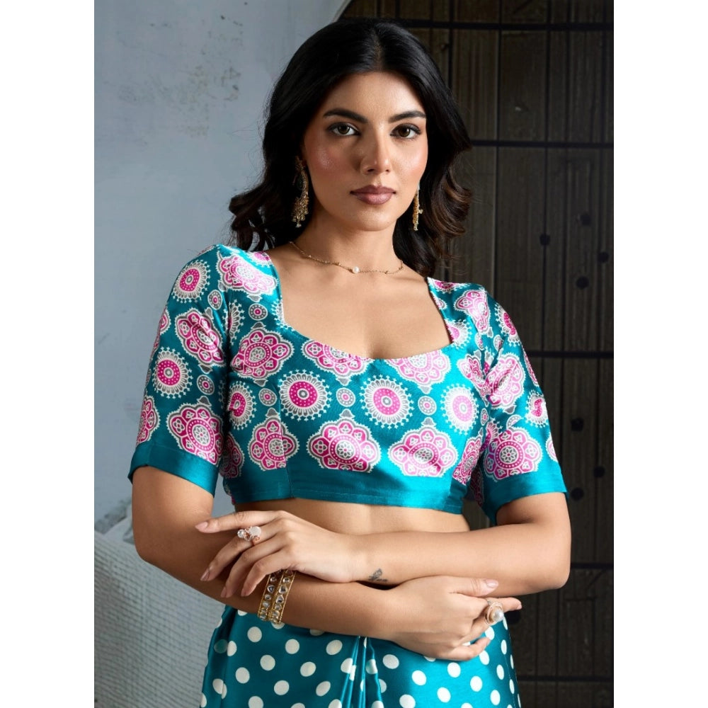 Generic Women's Satin Crepe Printed Saree With Unstitched Blouse 5.5Mtr (Sky Blue) - VANSHELLE