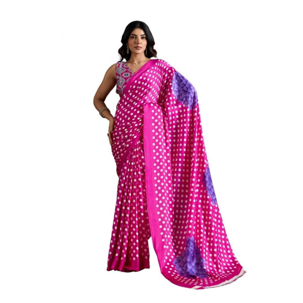 Generic Women's Satin Crepe Printed Saree With Unstitched Blouse 5.5Mtr (Pink) - VANSHELLE