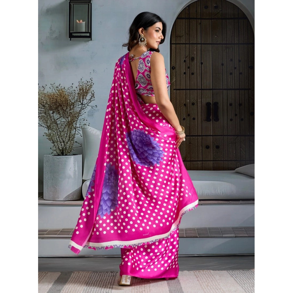 Generic Women's Satin Crepe Printed Saree With Unstitched Blouse 5.5Mtr (Pink) - VANSHELLE