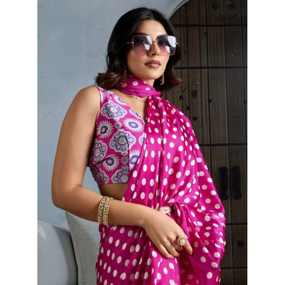 Generic Women's Satin Crepe Printed Saree With Unstitched Blouse 5.5Mtr (Pink) - VANSHELLE