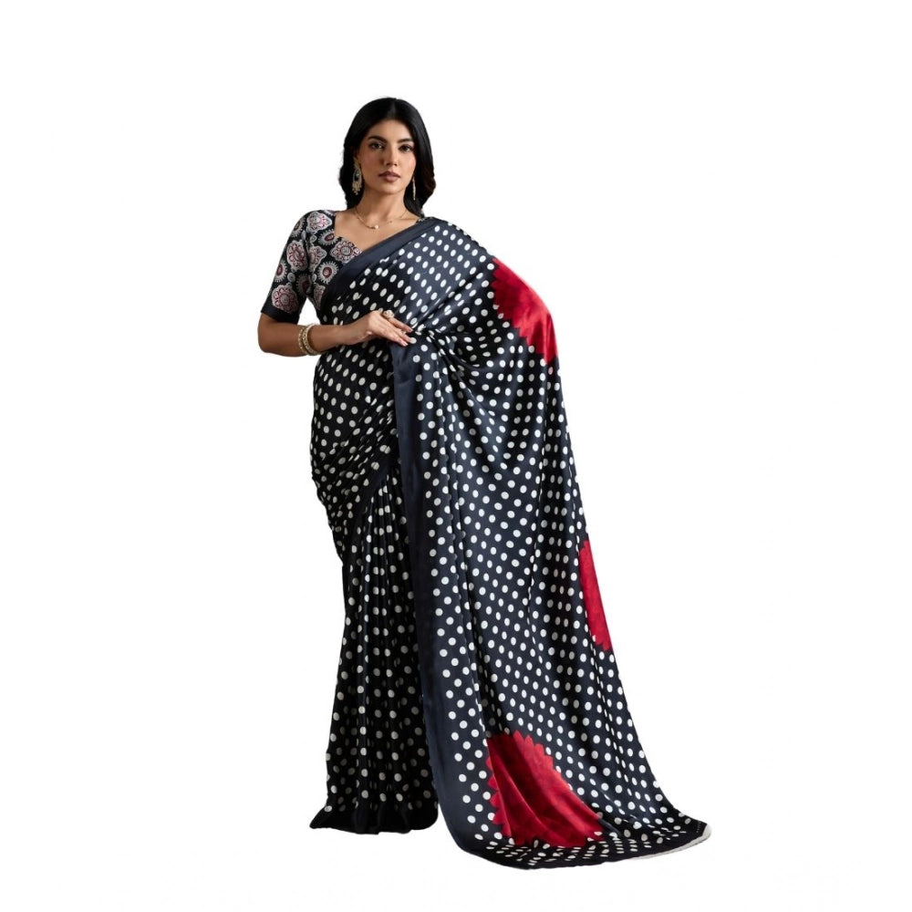 Generic Women's Satin Crepe Printed Saree With Unstitched Blouse 5.5Mtr (Black) - VANSHELLE