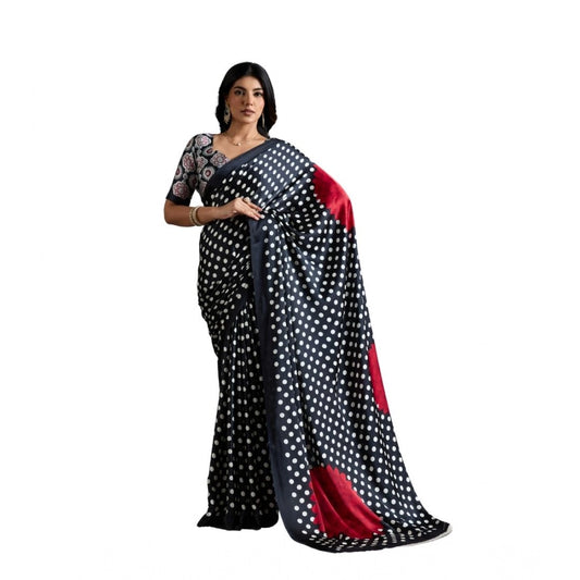 Generic Women's Satin Crepe Printed Saree With Unstitched Blouse 5.5Mtr (Black) - VANSHELLE