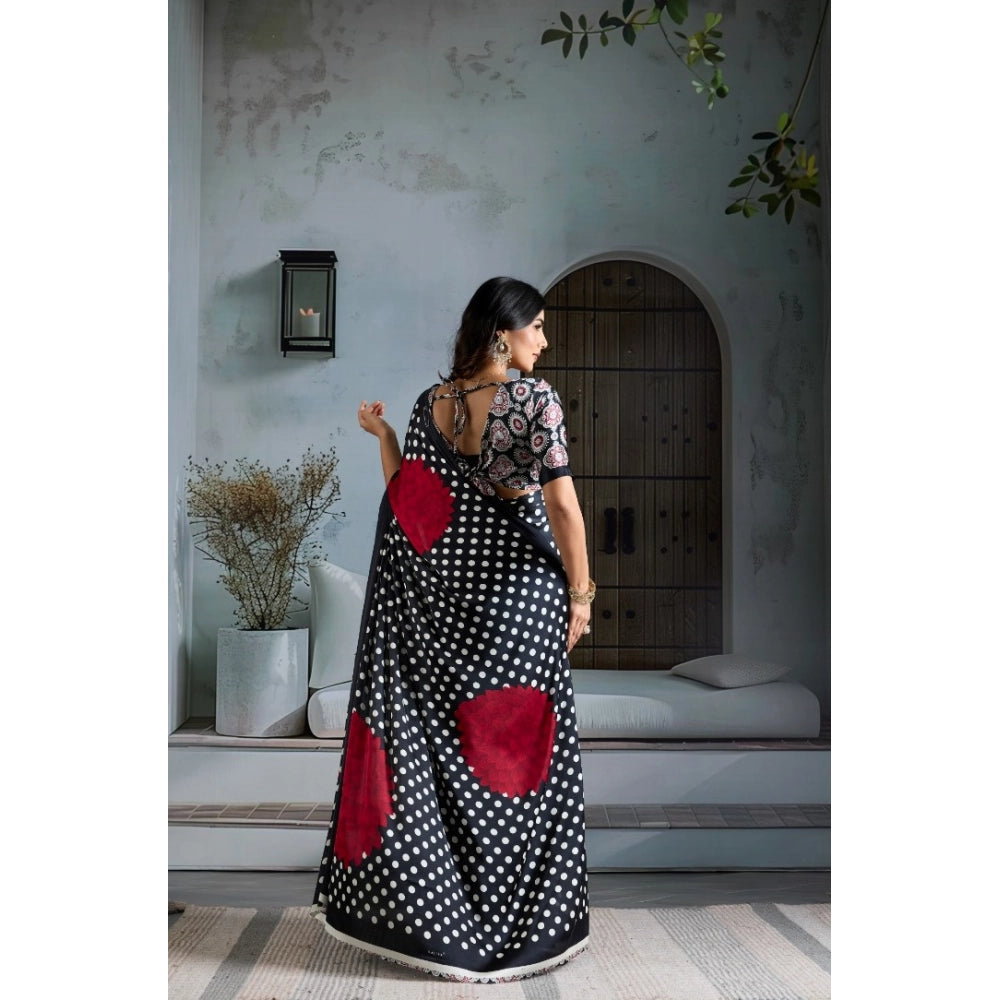 Generic Women's Satin Crepe Printed Saree With Unstitched Blouse 5.5Mtr (Black) - VANSHELLE