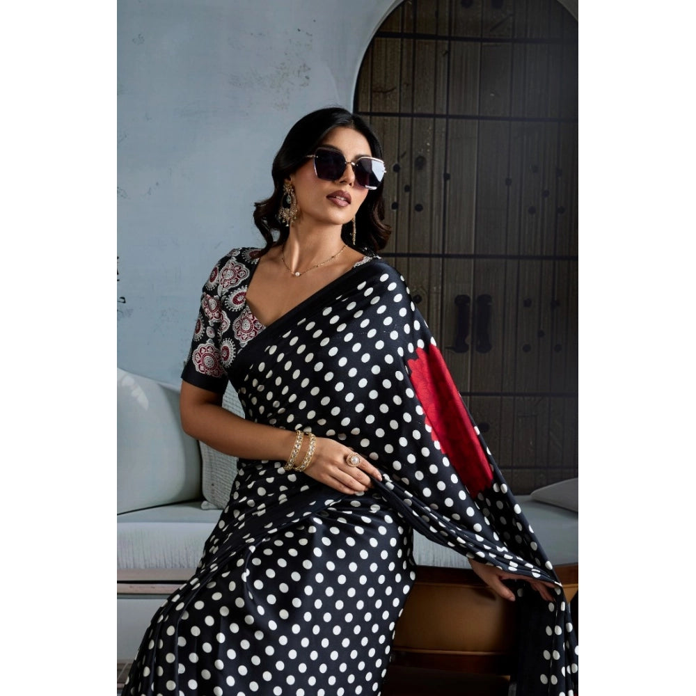 Generic Women's Satin Crepe Printed Saree With Unstitched Blouse 5.5Mtr (Black) - VANSHELLE