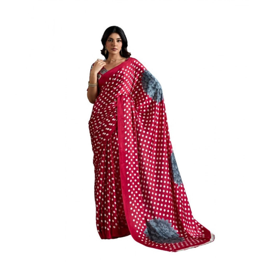 Generic Women's Satin Crepe Printed Saree With Unstitched Blouse 5.5Mtr (Red) - VANSHELLE