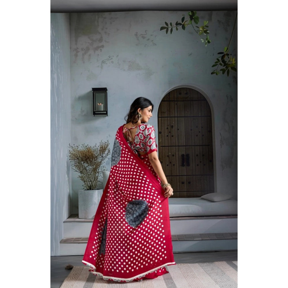 Generic Women's Satin Crepe Printed Saree With Unstitched Blouse 5.5Mtr (Red) - VANSHELLE