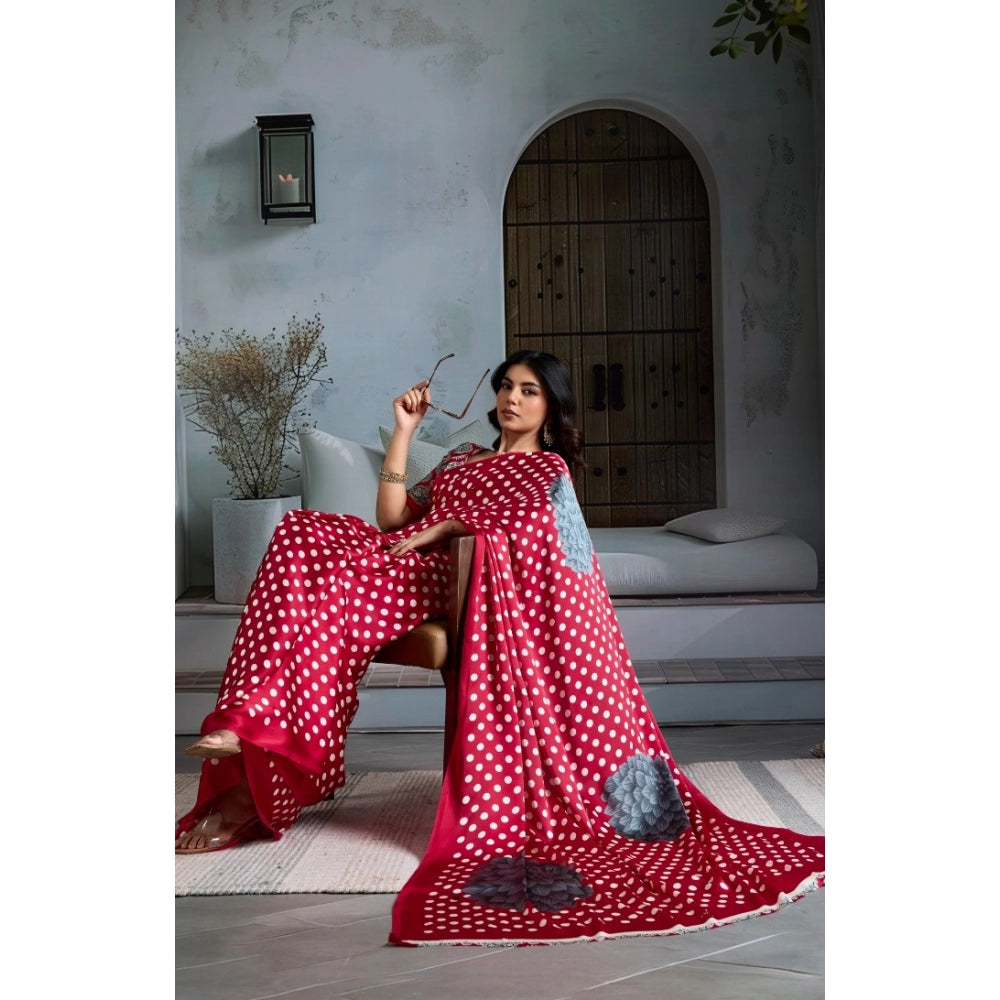 Generic Women's Satin Crepe Printed Saree With Unstitched Blouse 5.5Mtr (Red) - VANSHELLE
