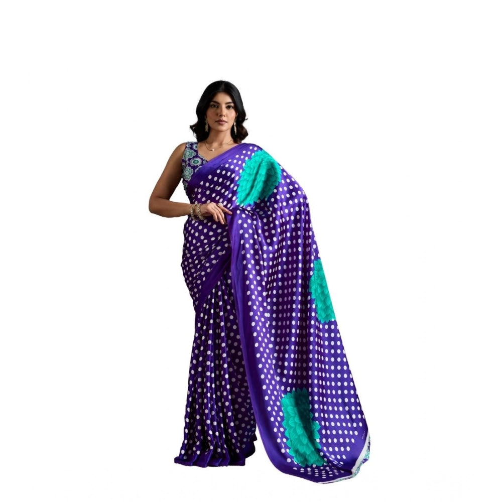 Generic Women's Satin Crepe Printed Saree With Unstitched Blouse 5.5Mtr (Purple) - VANSHELLE