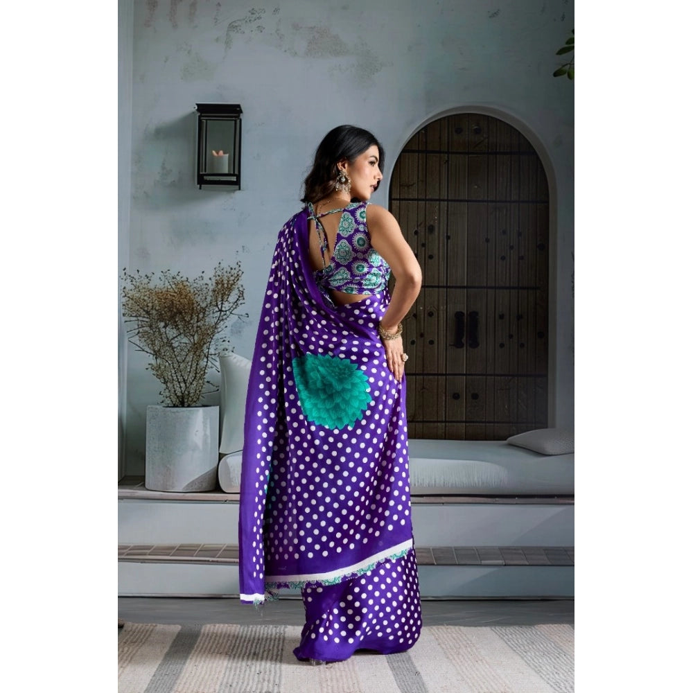 Generic Women's Satin Crepe Printed Saree With Unstitched Blouse 5.5Mtr (Purple) - VANSHELLE