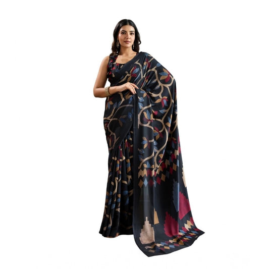 Generic Women's Satin Crepe Printed Saree With Unstitched Blouse 5.5Mtr (Black) - VANSHELLE