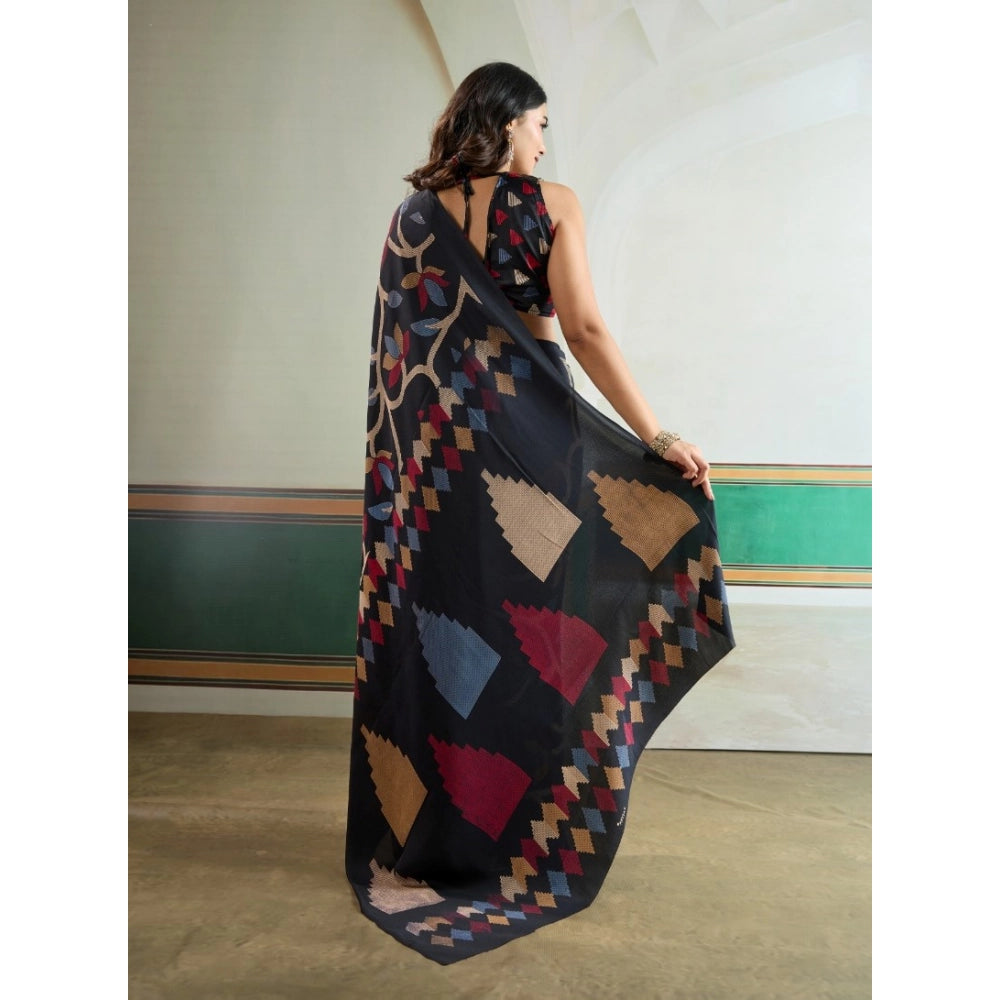 Generic Women's Satin Crepe Printed Saree With Unstitched Blouse 5.5Mtr (Black) - VANSHELLE