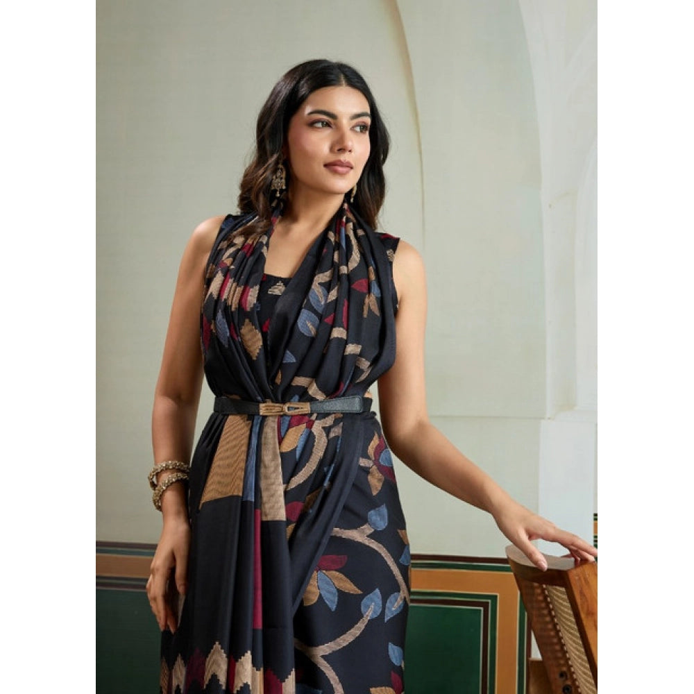 Generic Women's Satin Crepe Printed Saree With Unstitched Blouse 5.5Mtr (Black) - VANSHELLE