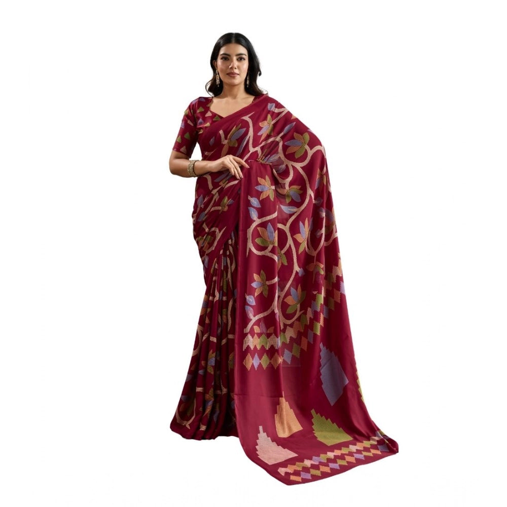 Generic Women's Satin Crepe Printed Saree With Unstitched Blouse 5.5Mtr (Maroon) - VANSHELLE