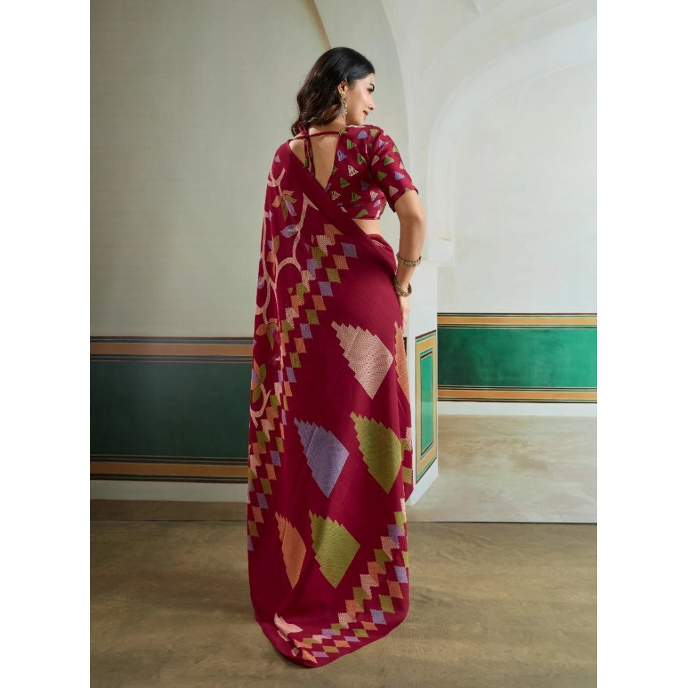 Generic Women's Satin Crepe Printed Saree With Unstitched Blouse 5.5Mtr (Maroon) - VANSHELLE