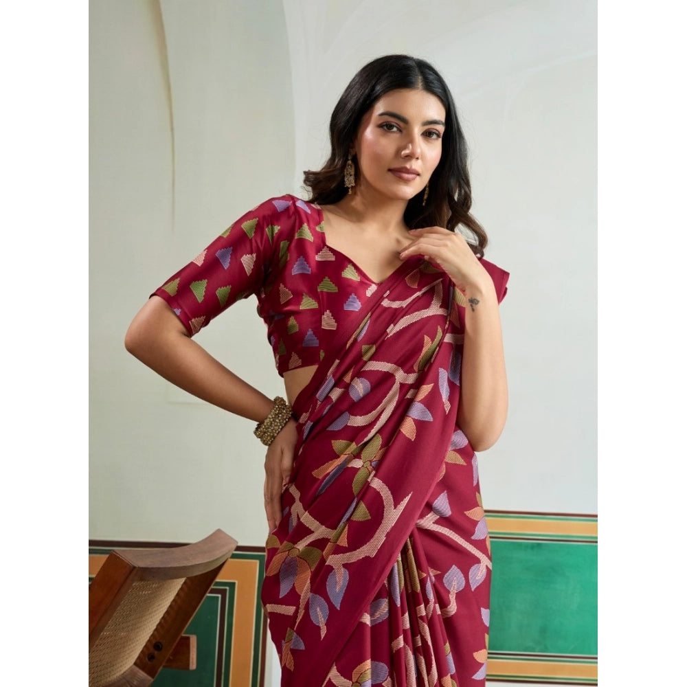 Generic Women's Satin Crepe Printed Saree With Unstitched Blouse 5.5Mtr (Maroon) - VANSHELLE