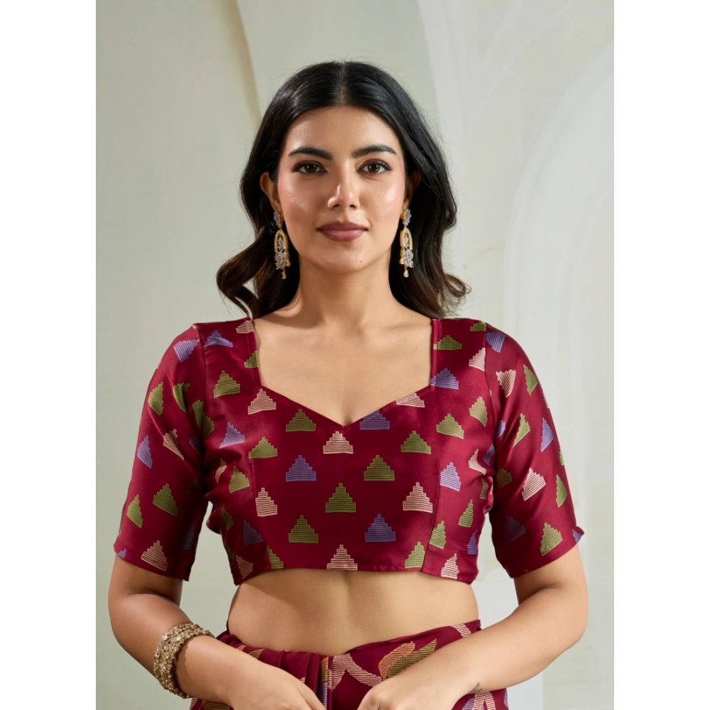 Generic Women's Satin Crepe Printed Saree With Unstitched Blouse 5.5Mtr (Maroon) - VANSHELLE