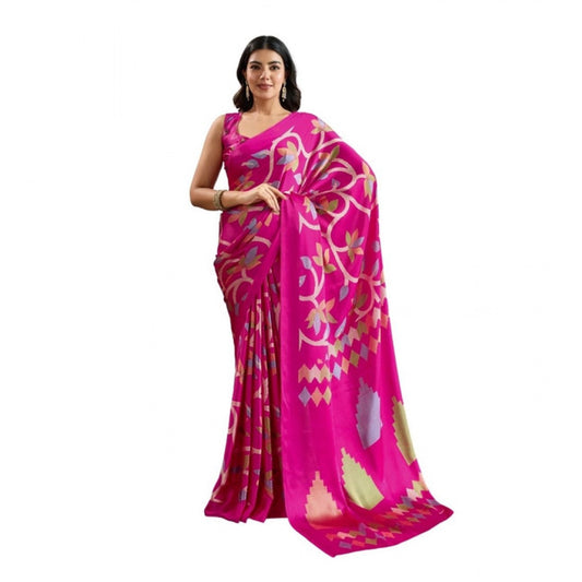 Generic Women's Satin Crepe Printed Saree With Unstitched Blouse 5.5Mtr (Pink) - VANSHELLE