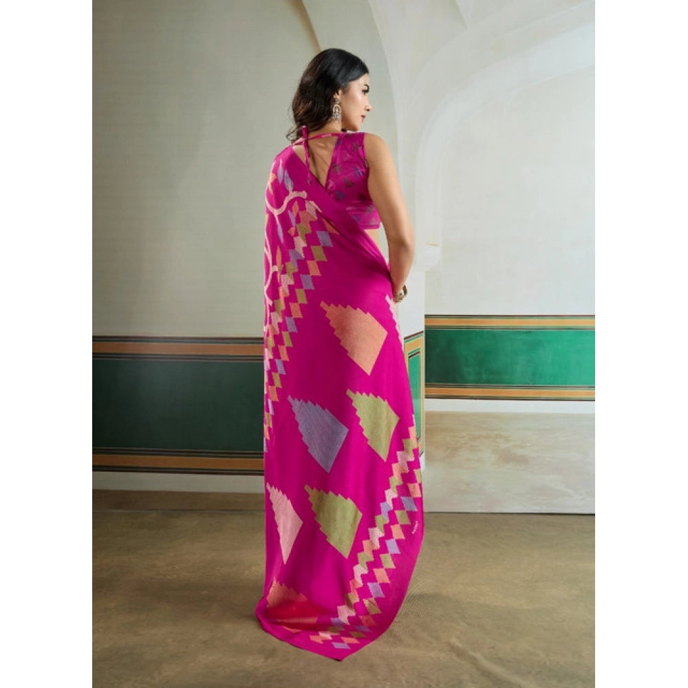 Generic Women's Satin Crepe Printed Saree With Unstitched Blouse 5.5Mtr (Pink) - VANSHELLE