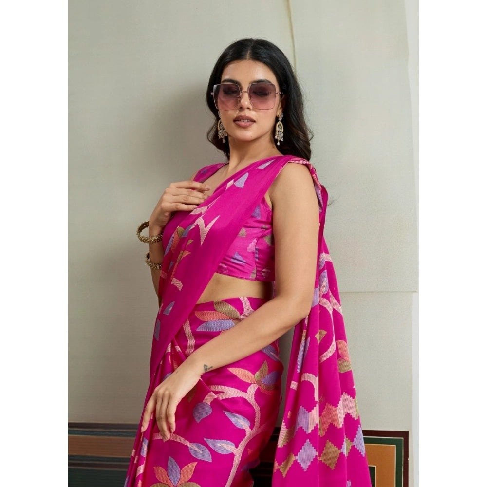 Generic Women's Satin Crepe Printed Saree With Unstitched Blouse 5.5Mtr (Pink) - VANSHELLE